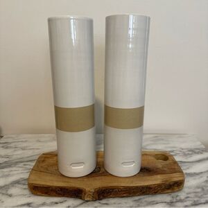 Jonathan Adler for Coach White and Tan 12” cylindrical Ceramic Vases set of 2